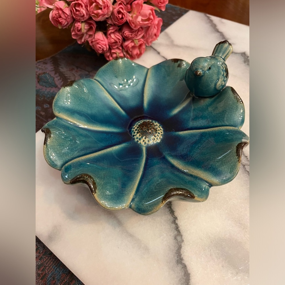 Handmade Turquoise Blue Ceramic Glazed Lotus Leaf Decor Dish w perched Birdie